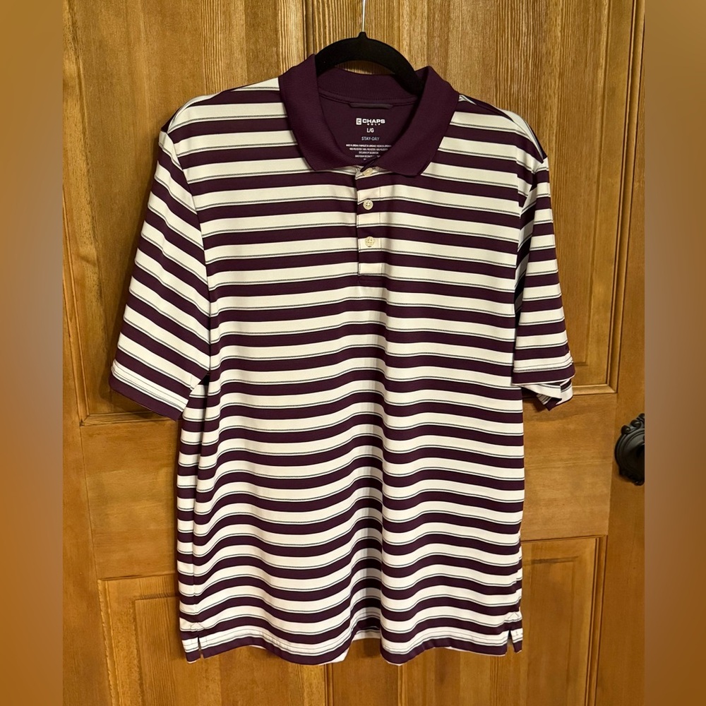 Chaps Purple and White Stay-Dry Striped‎ Polo Shirt L NWOT